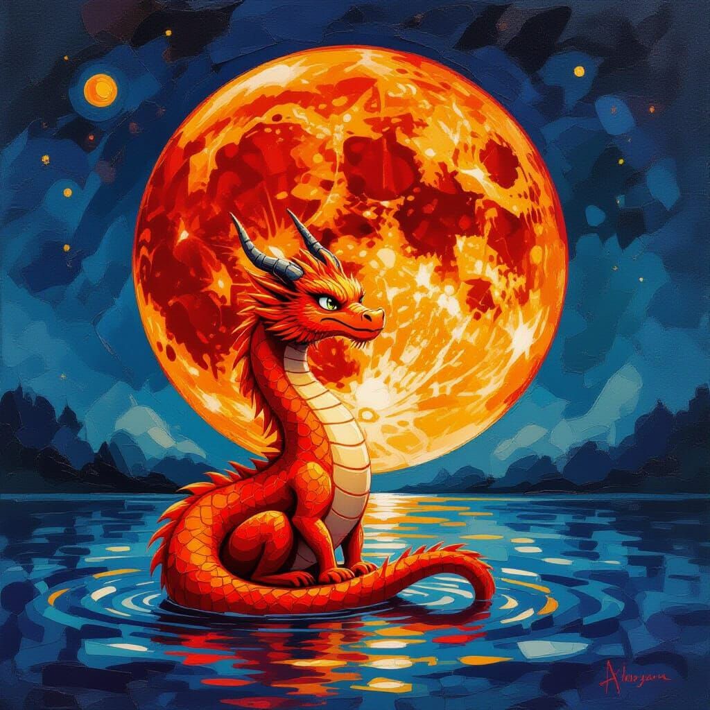 Orange Dragon Before Blood Moon in Watercolor Style