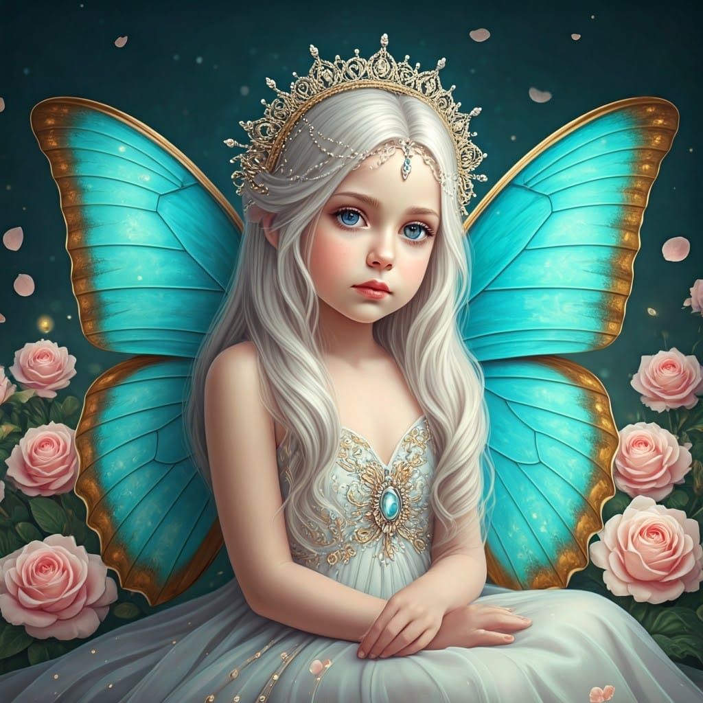Ethereal Girl with Butterfly Wings in Dreamlike Setting