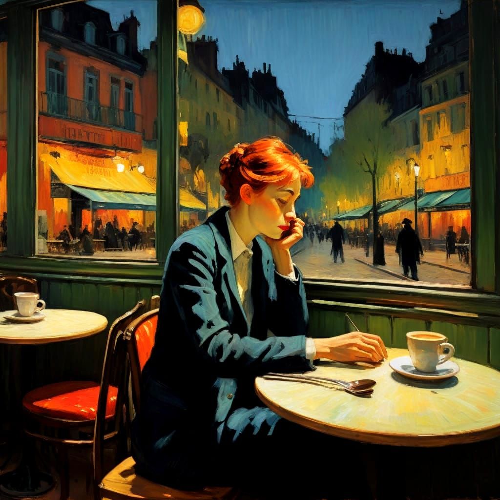 Intimate Nighttime Cafe Scene in the Style of Toulouse-Lautr...