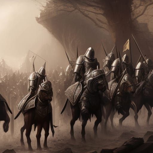 Knights in Lion Armor on Warhorses, Dark Fantasy Art