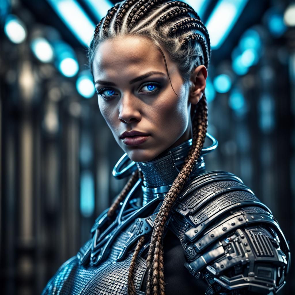 Hyperrealistic Cyber Knight Woman with Cornrows