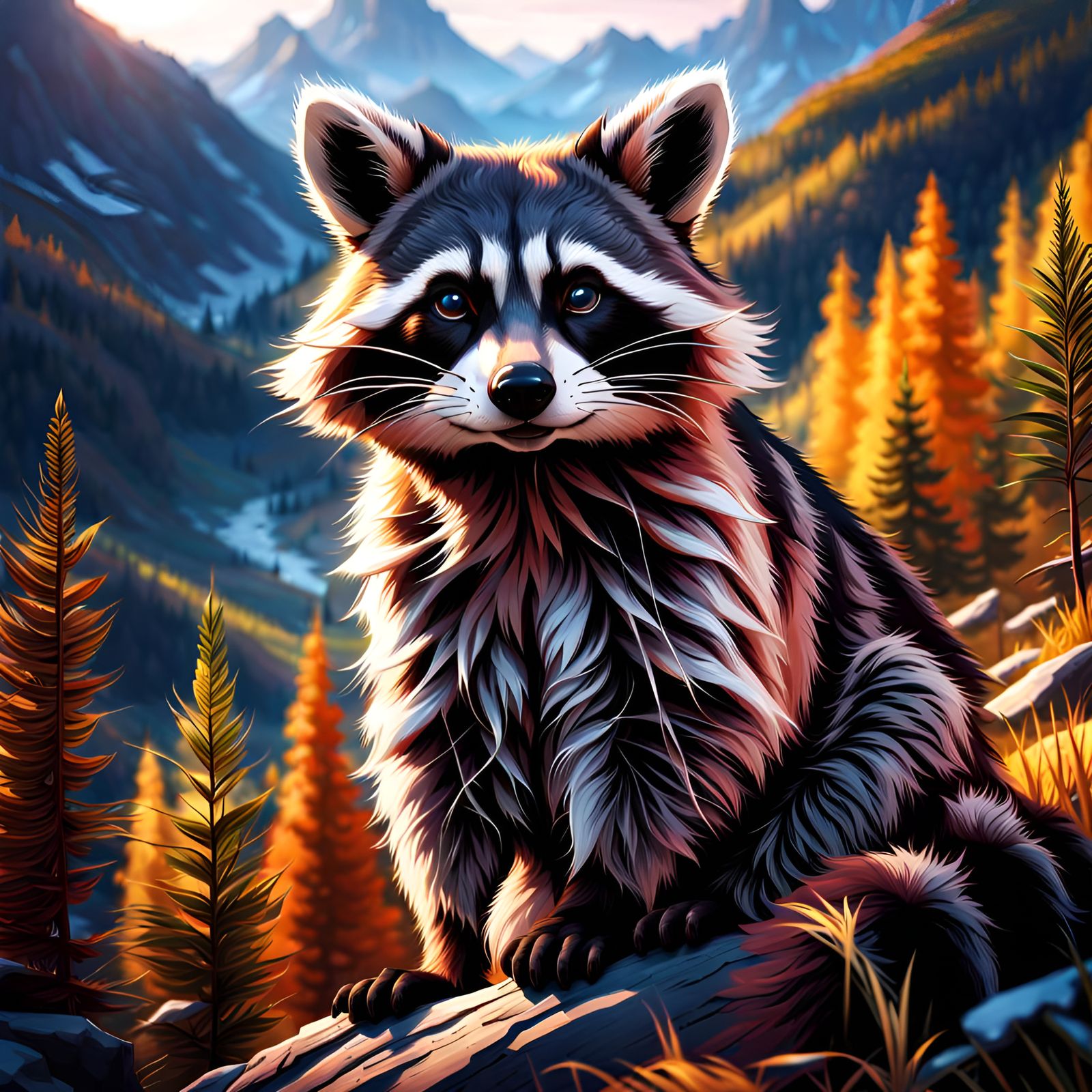 Realistic Raccoon Portrait in Detailed Landscape