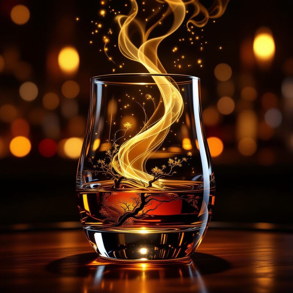 Whisky Glass Emitting Ethereal Glow in Magical Realism Style