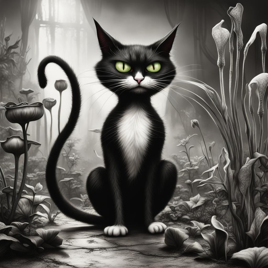 Angry Cat with Mouse in Burton-esque Matte Painting