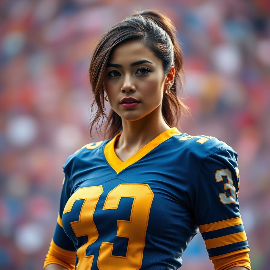 Confident American Woman in Football Jersey