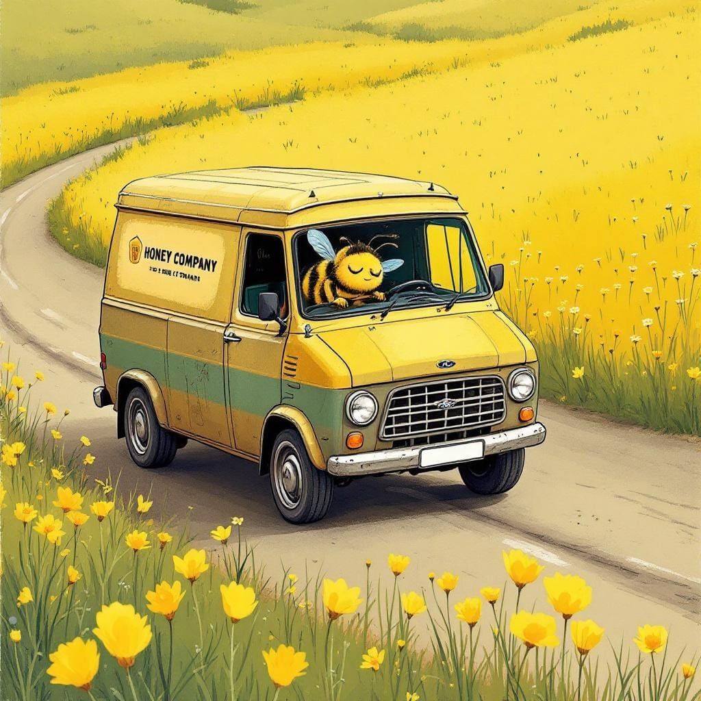 Sleepy Bumblebee Drives Honey Van Through Meadow