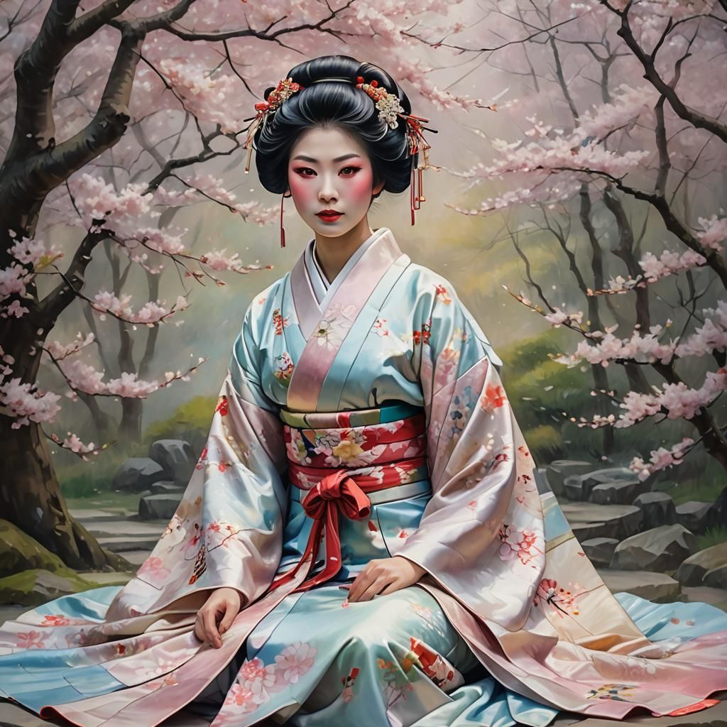 Geisha in Cherry Blossom Garden as Oil Painting