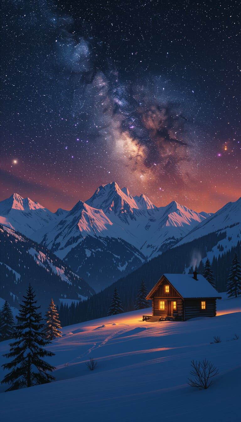 Cinematic Snowy Mountain Cabin Under Starry Night