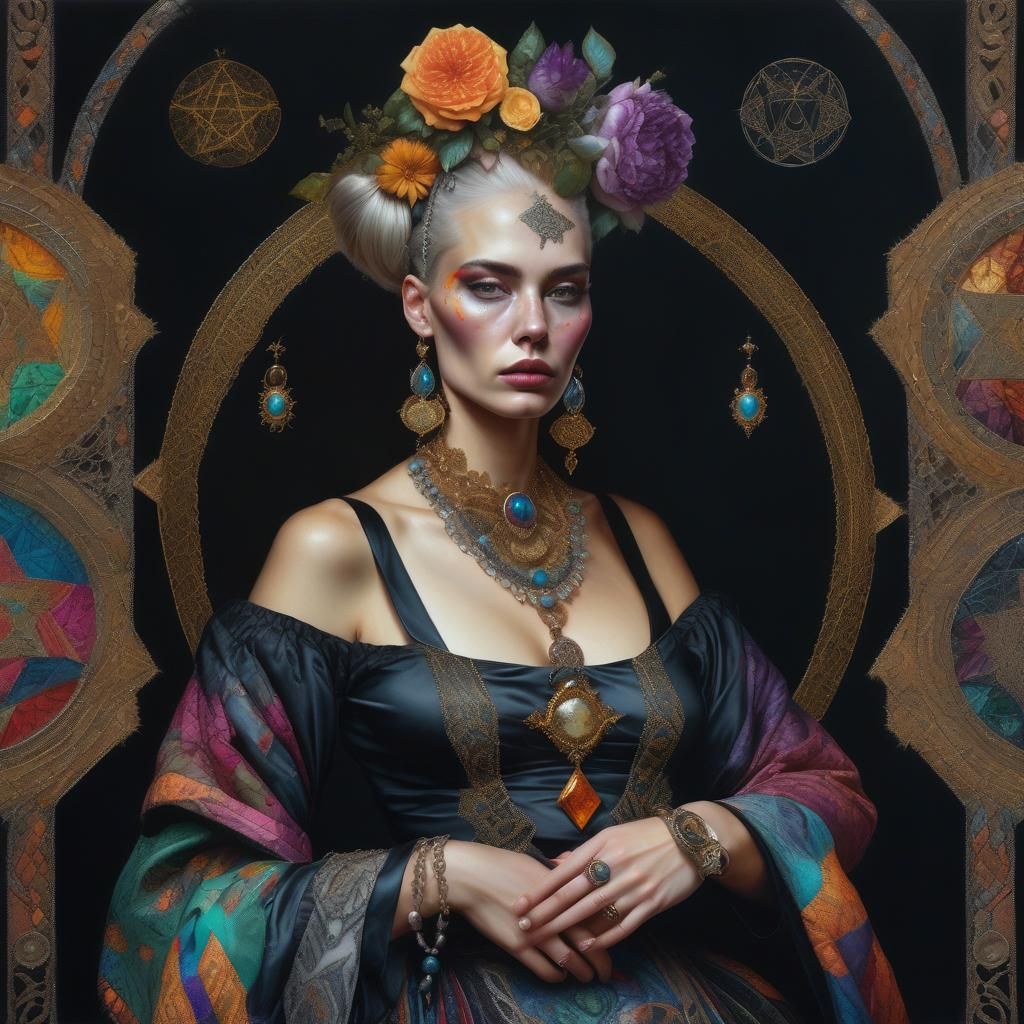 Hyperrealistic Portrait: Woman in Colorful, Detailed Clothin...