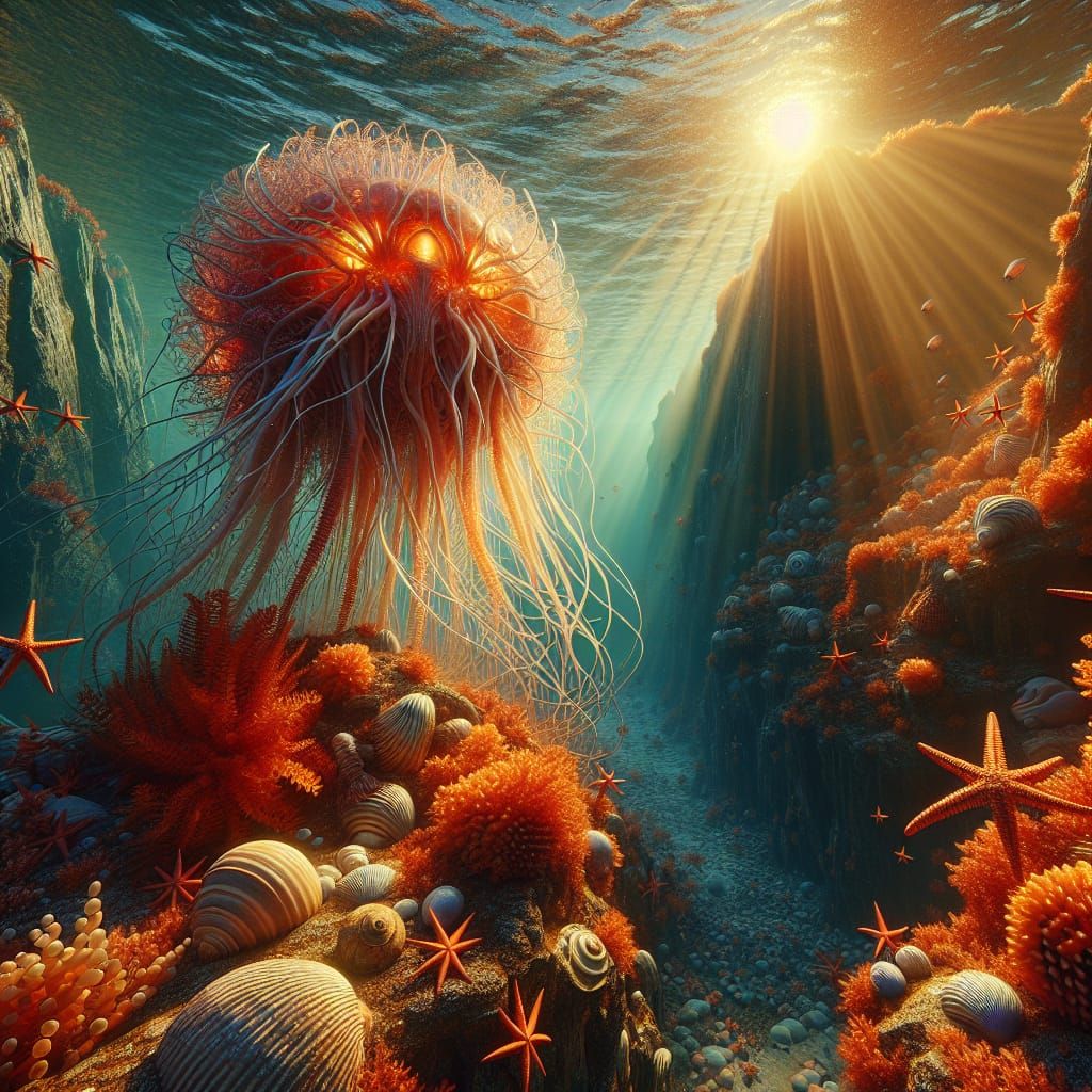 Underwater Landscape with Mutant Jellyfish in Cinematic Styl...