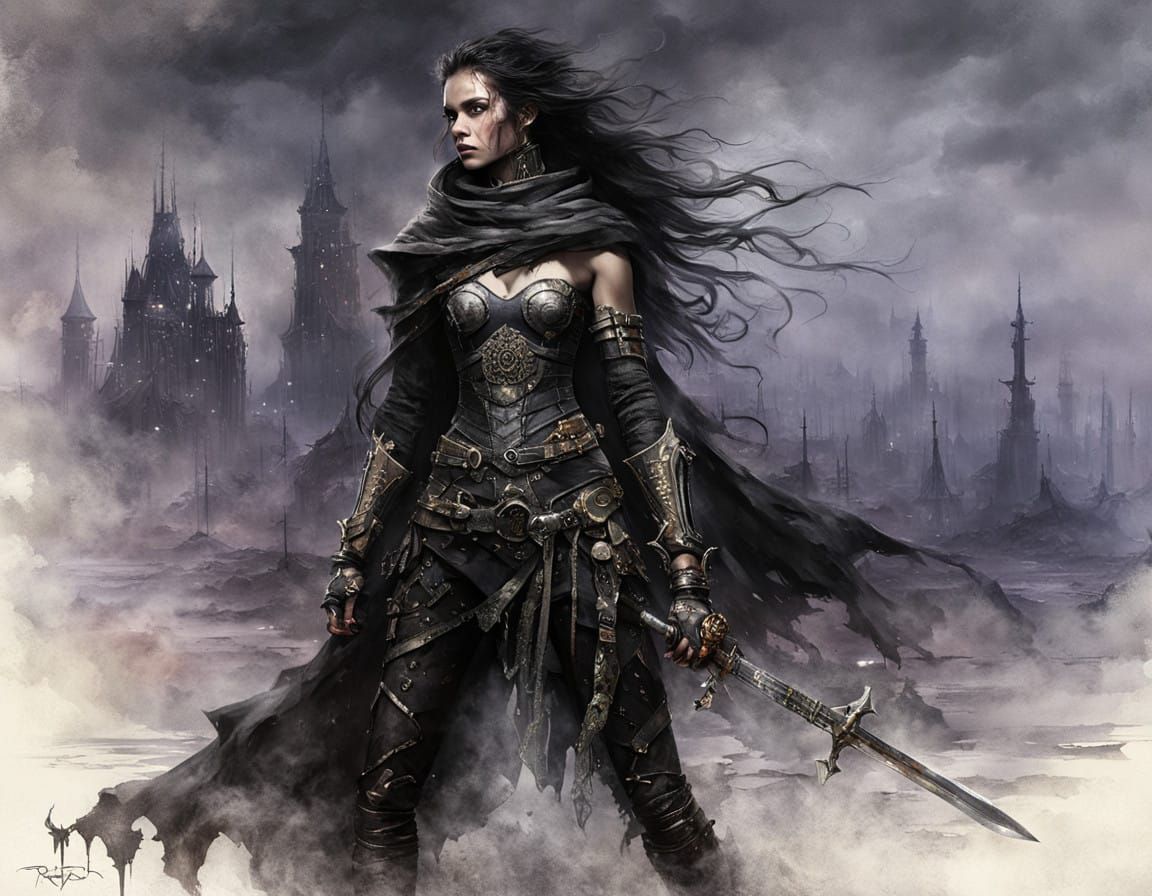 Gothic Warrior in Post-Apocalyptic Ruins, Dark Fantasy Digit...