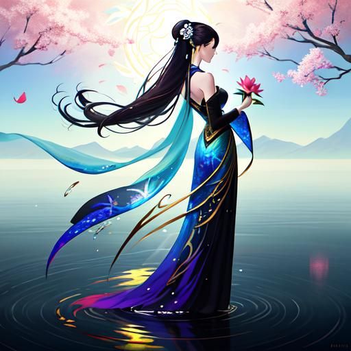 Woman with Lotus Flowers in Digital Painting Style