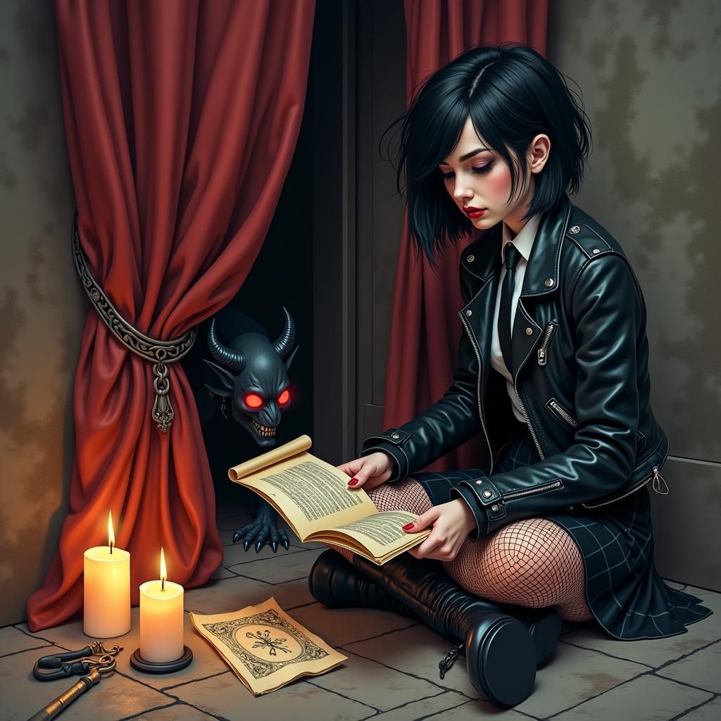 Goth Girl Reading Scroll, Mystical Surrealism Style