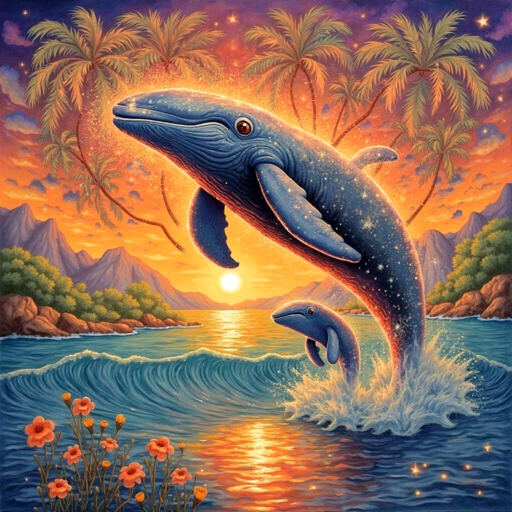 Joyful Whale Playtime in Sunset Splendor