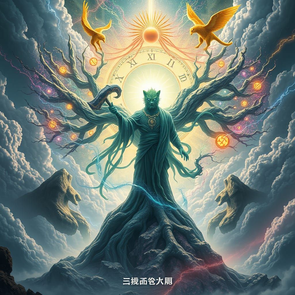 Green Leopard Man Wielding Time, Matte Painting