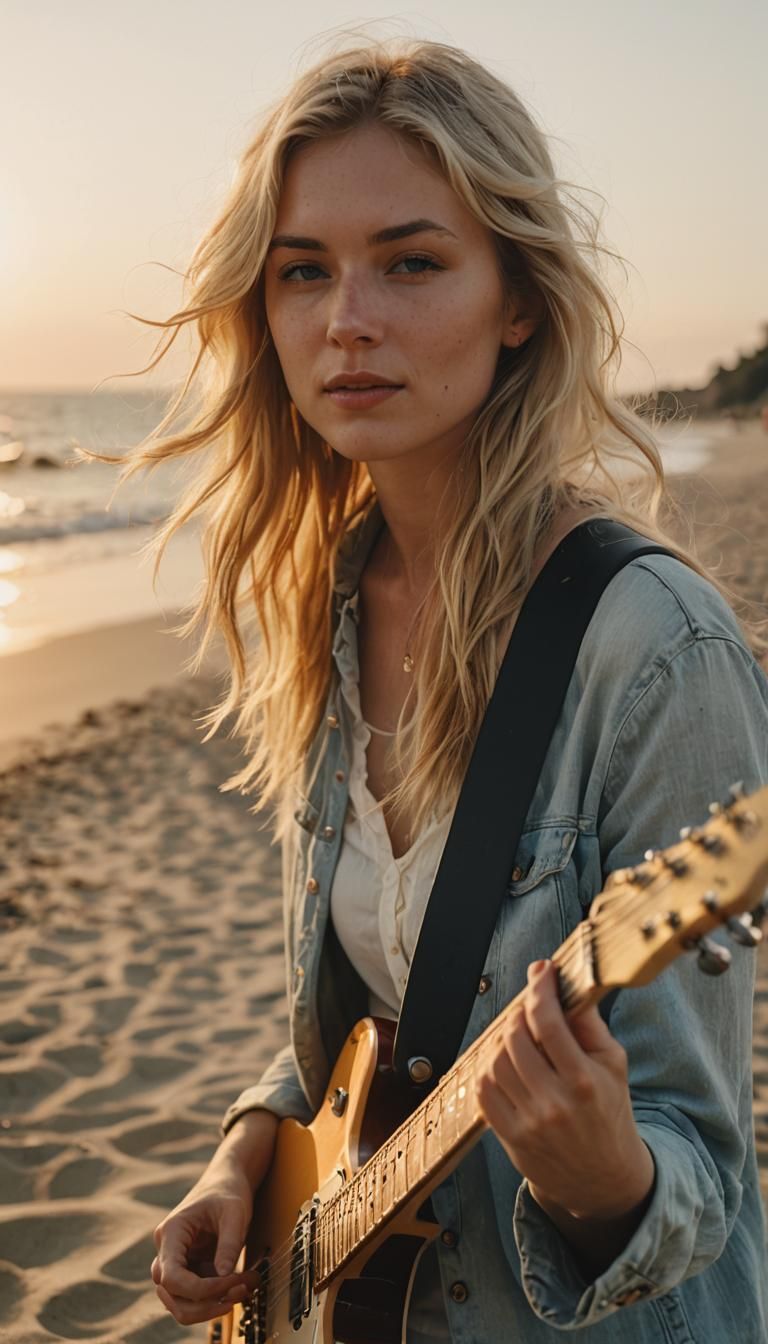 Woman Playing Electric Guitar on Beach at Sunset