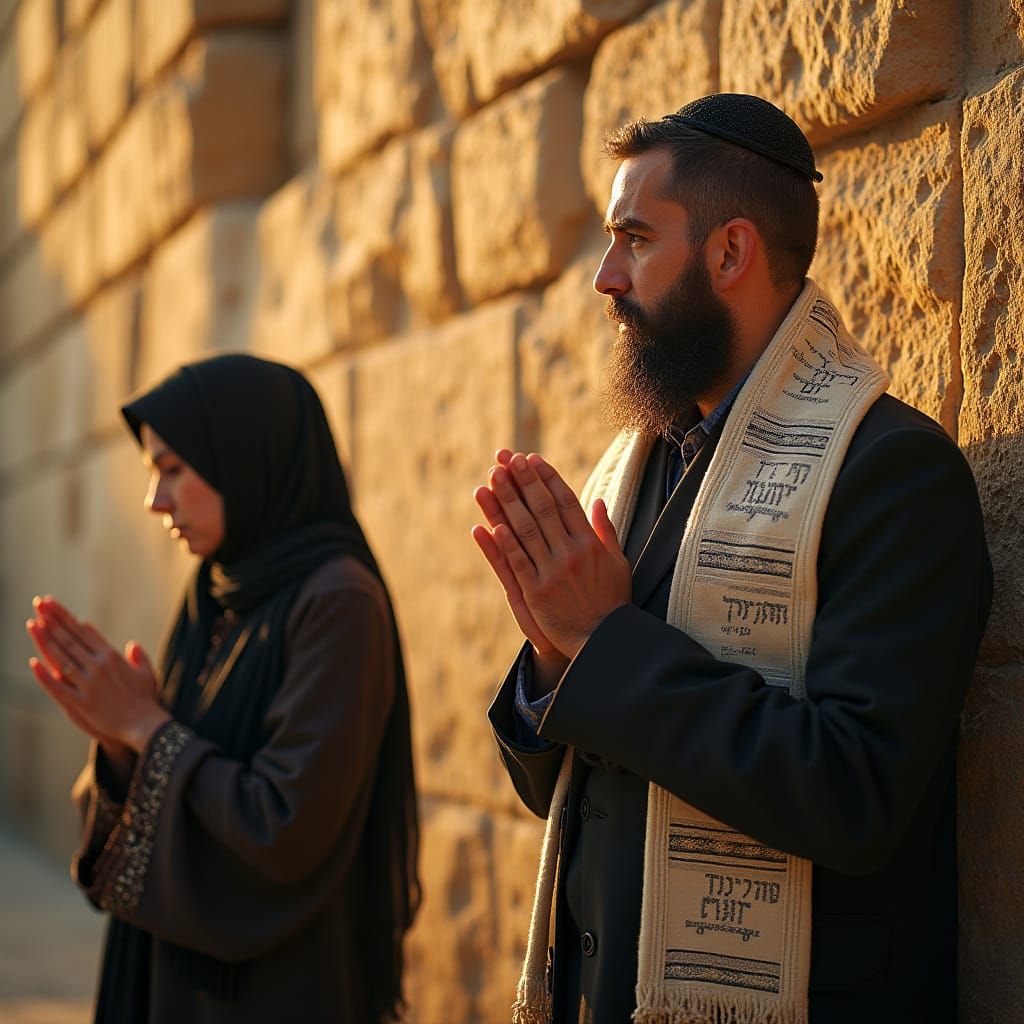 Devout Man and Woman Pray at Jerusalem's Wailing Wall in Gol...
