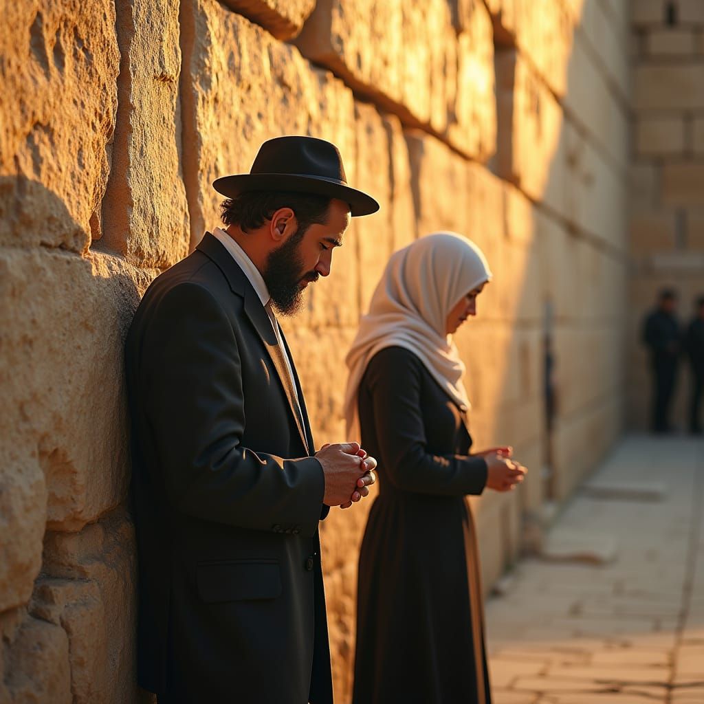 Devout Jewish Man and Muslim Woman Pray at Jerusalem's Waili...