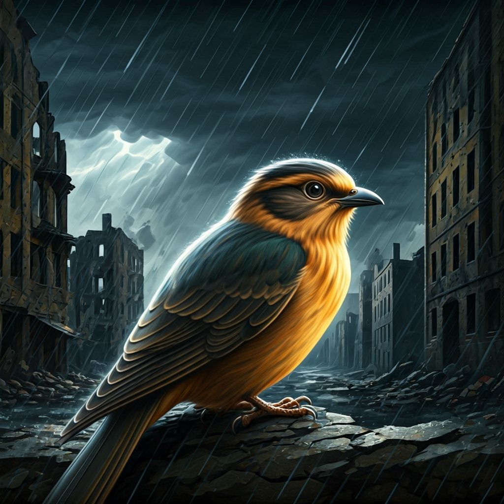 Hopeful Bird Sheltering in War-Torn City: Expressionist Art