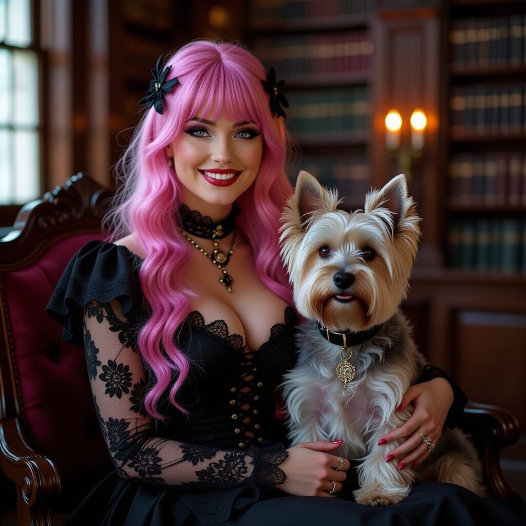 Gothic Woman Poses With Scottish Terrier in Library