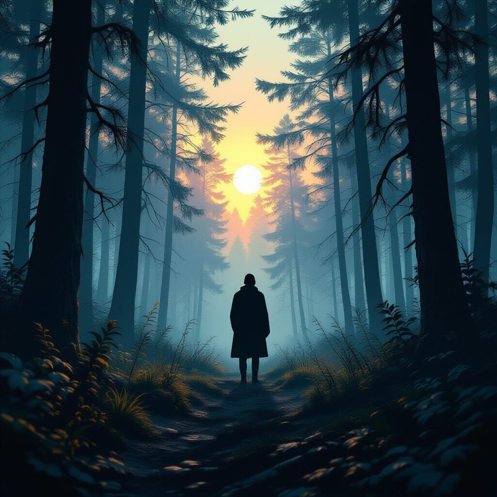 Mystical Forest Figure in Neon Noir Aesthetic