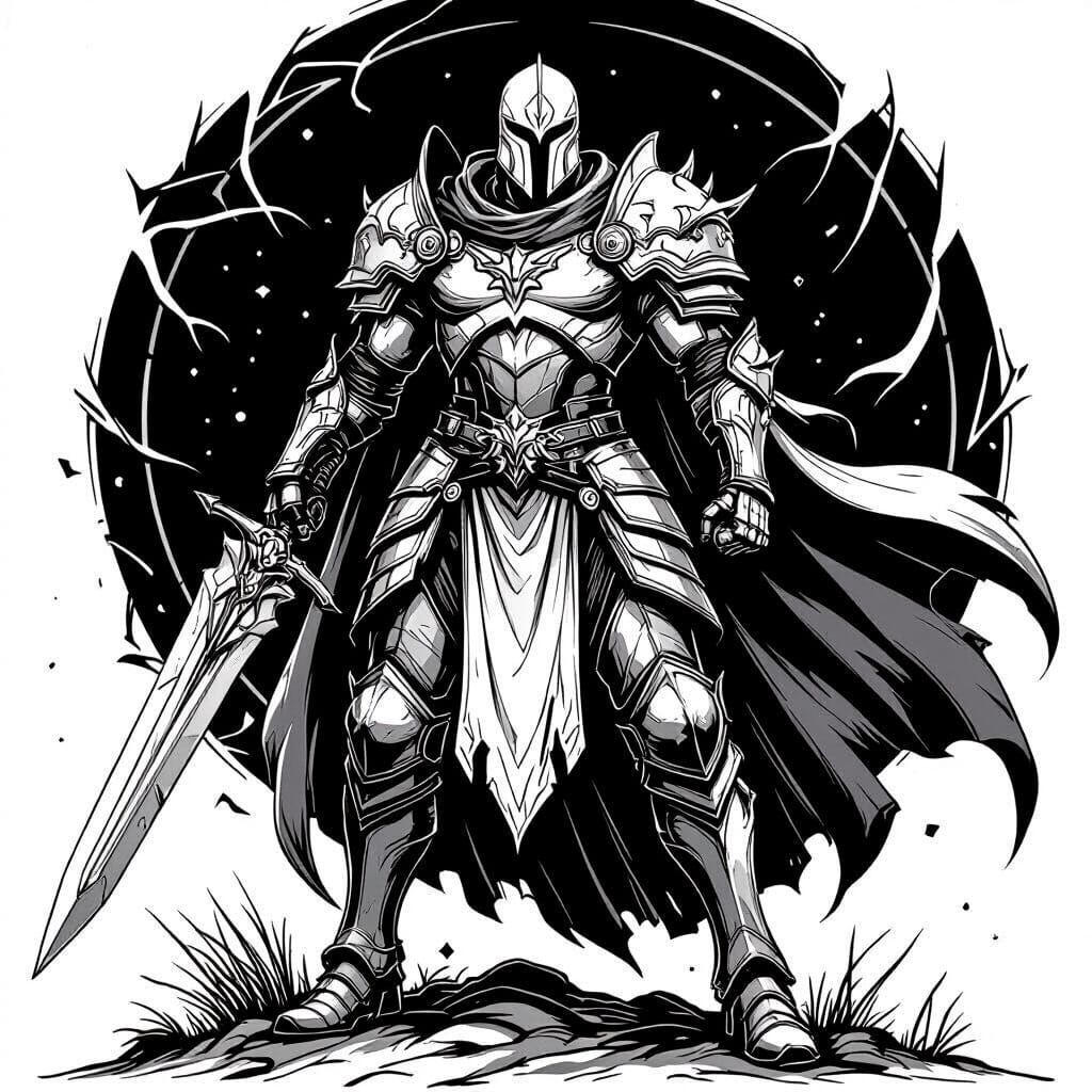 Storm Paladin Victorious in Black and White Line Art