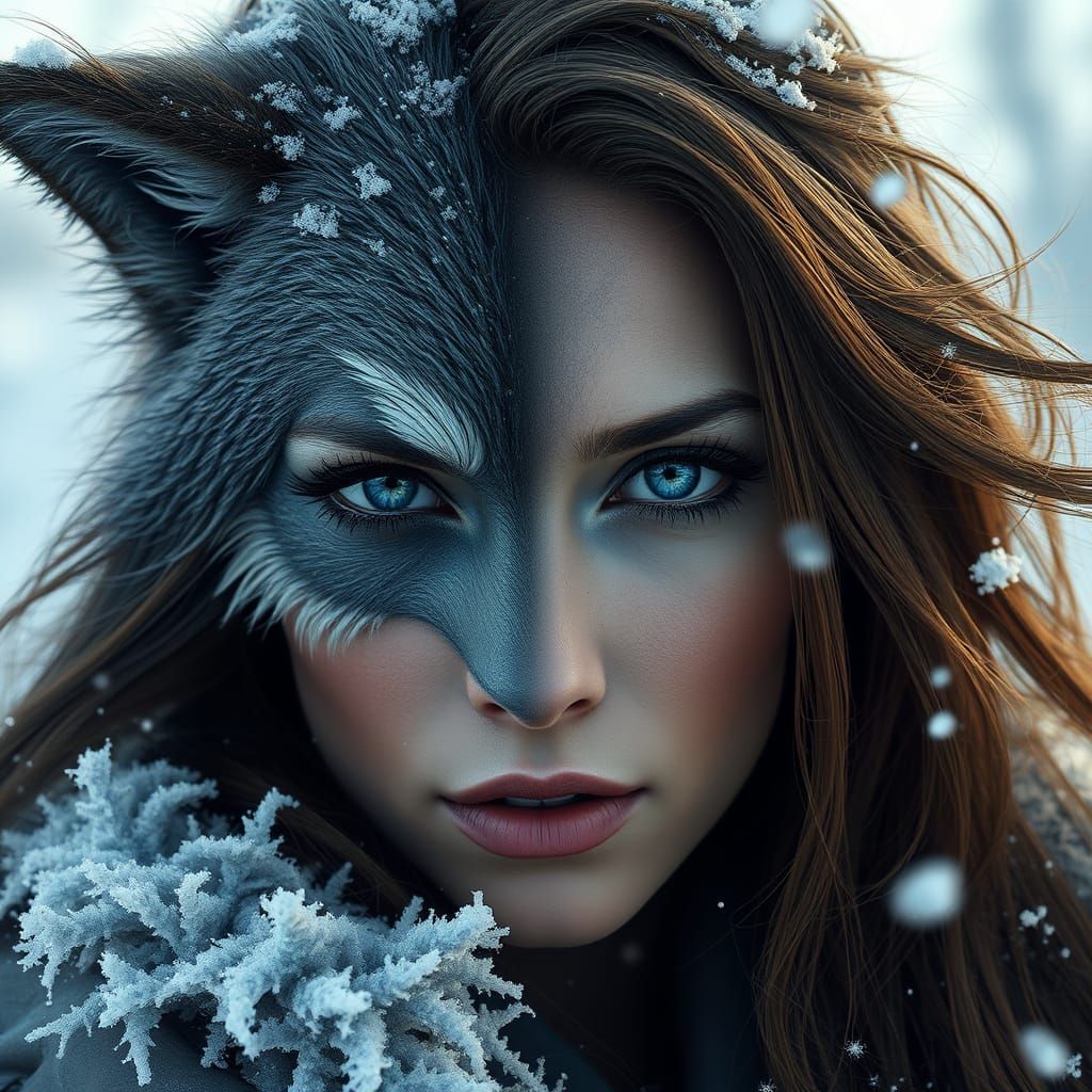 Winter Beauty Transformed into Werewolf in Frosty Landscape