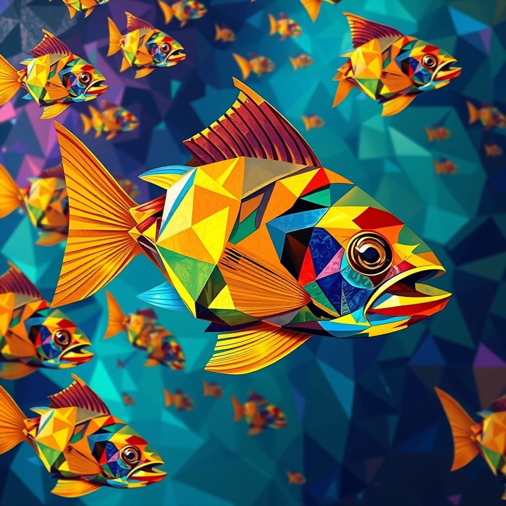 Geometric School of Fish Cubist Painting in Neo-Cubism Style