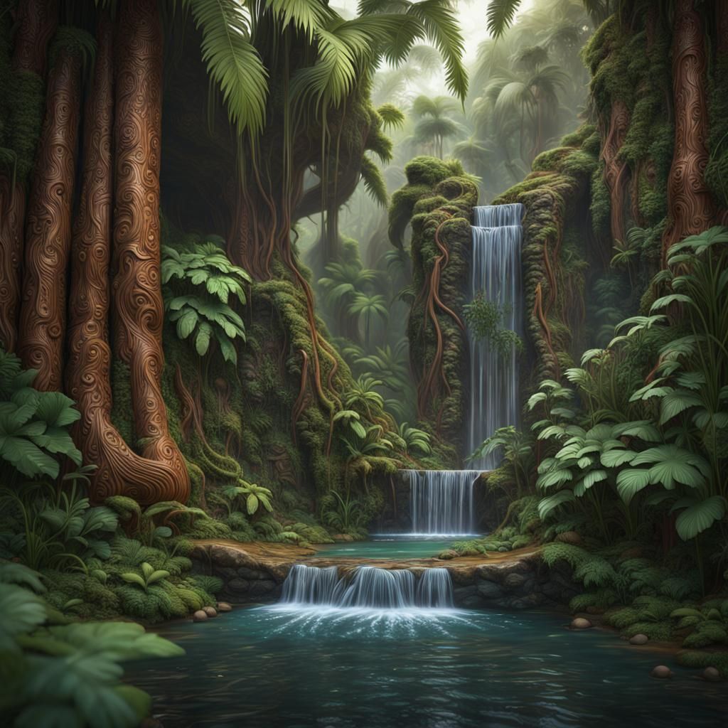 Samoan Wood Sculpture in Exotic Jungle Setting