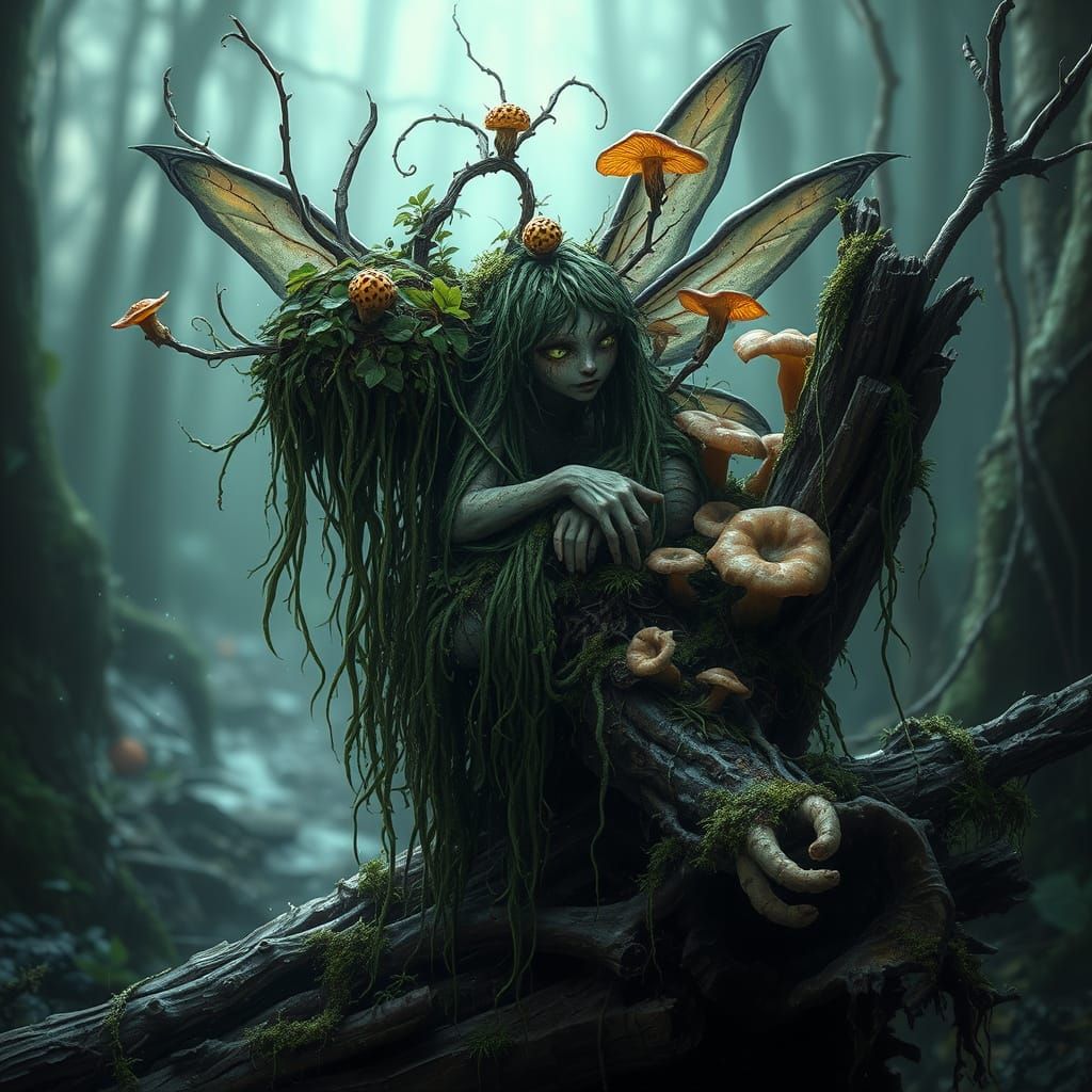Swamp Fairy with Glowing Eyes in Hyperrealistic Style