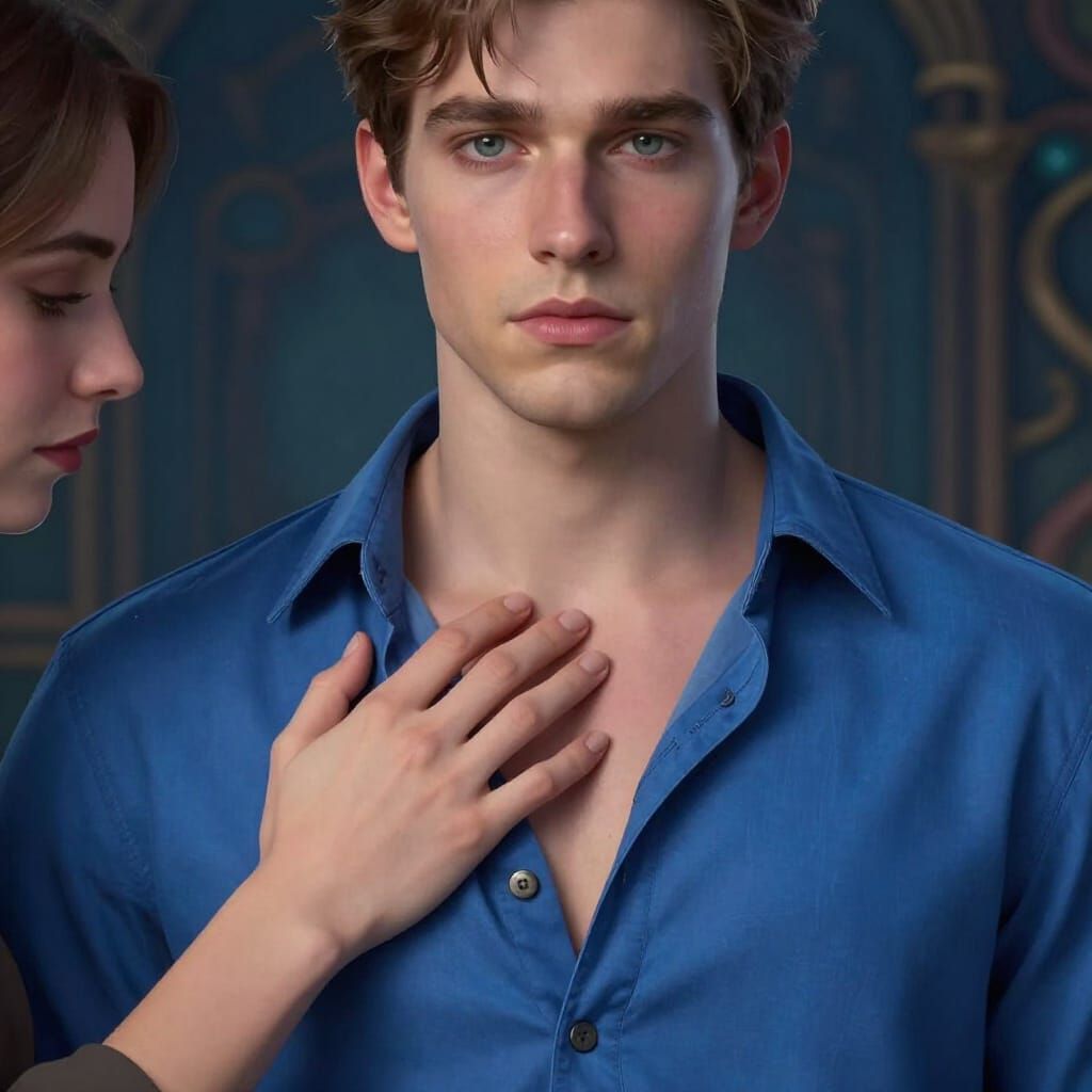 Woman Touches Man's Chest in Fantasy Matte Painting
