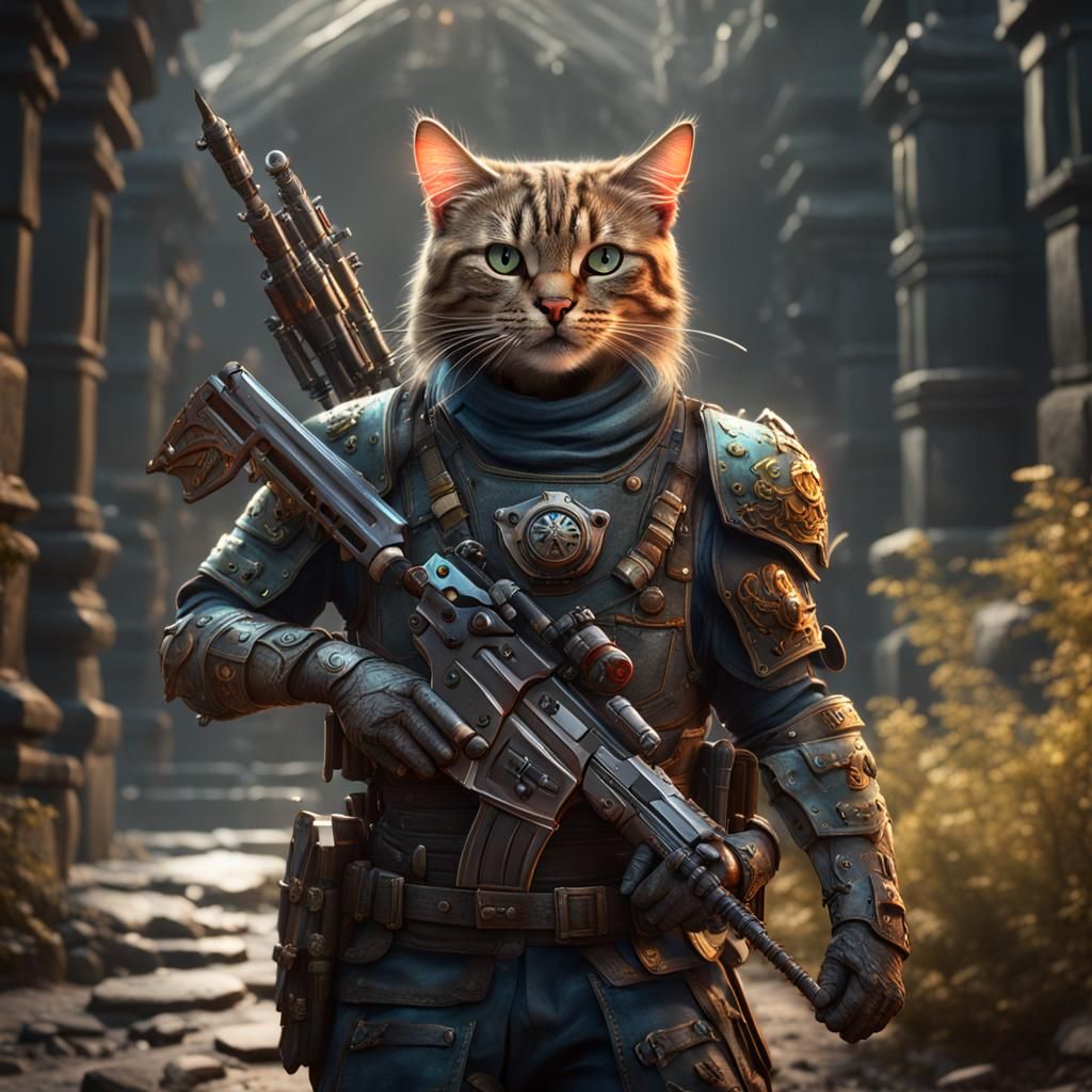 Armored Cat Warrior in Detailed Matte Painting
