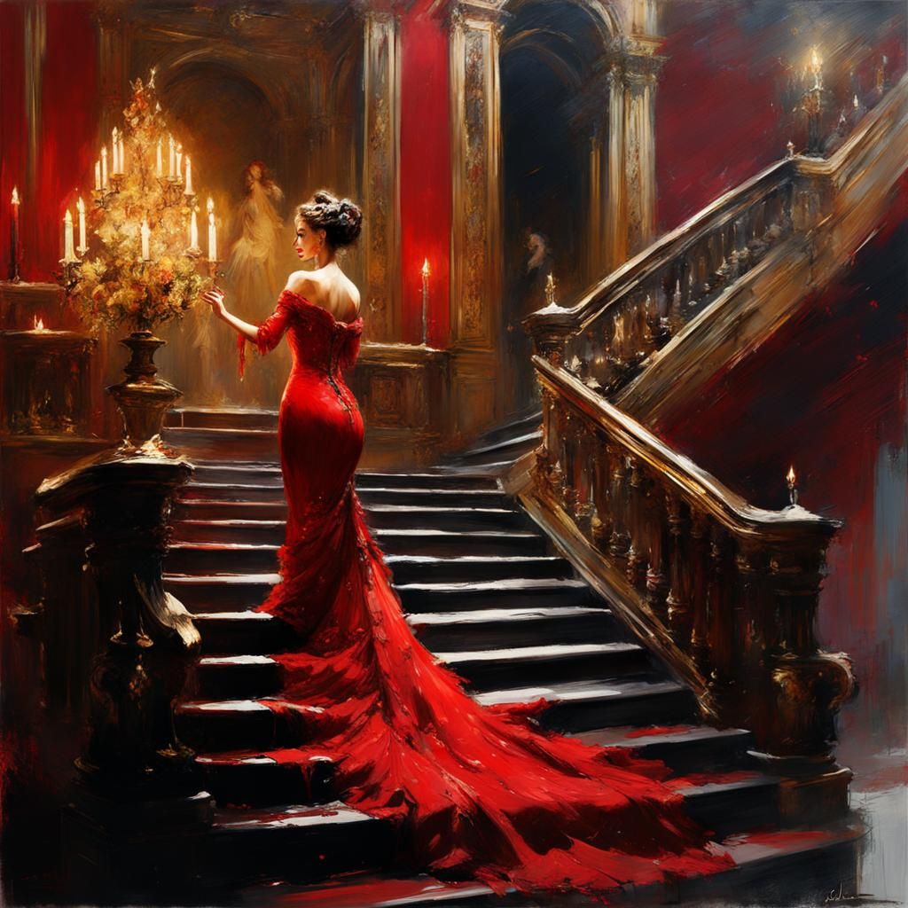 Woman Descending Stairs in Red Victorian Gown