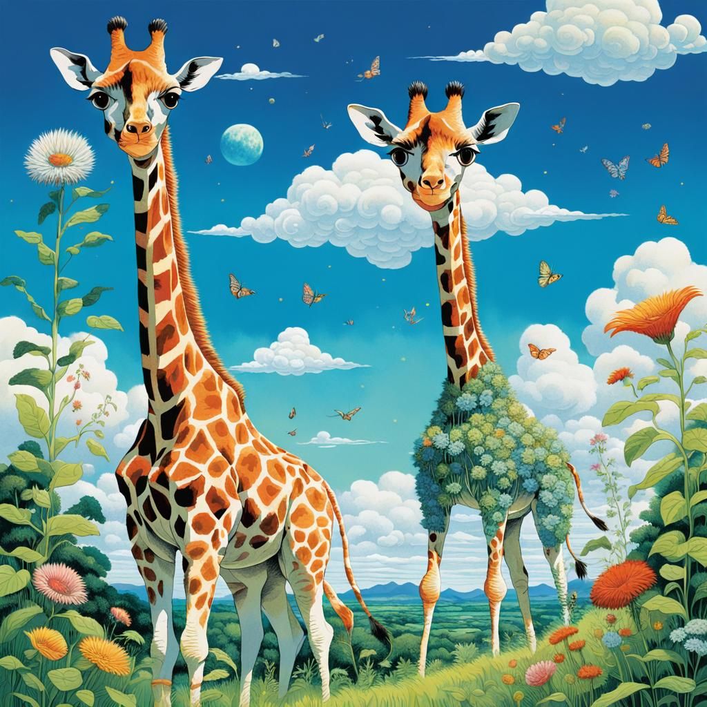 Alien Giraffes in Lush Meadow, Miyazaki-Inspired