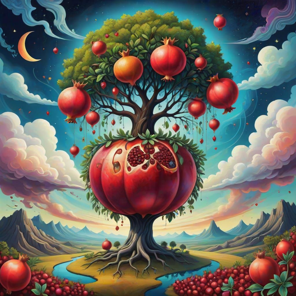Surreal Cosmic Pomegranate Tree in Holographic Astral Style