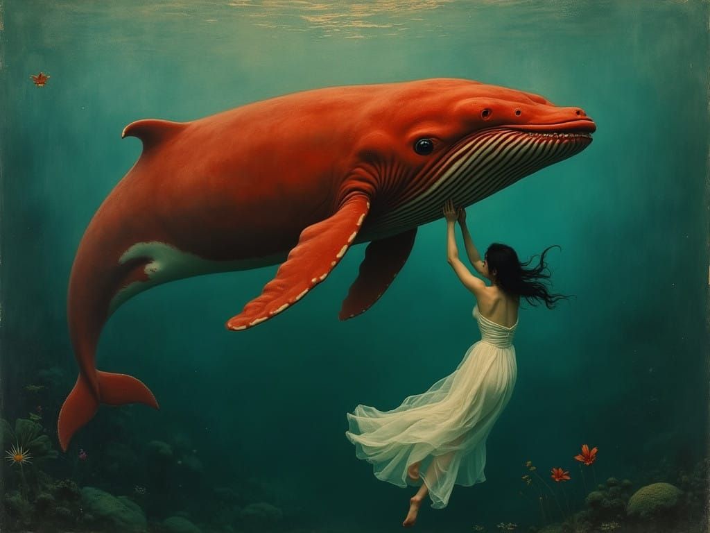 Red Whale in a Whimsical Underwater Scene