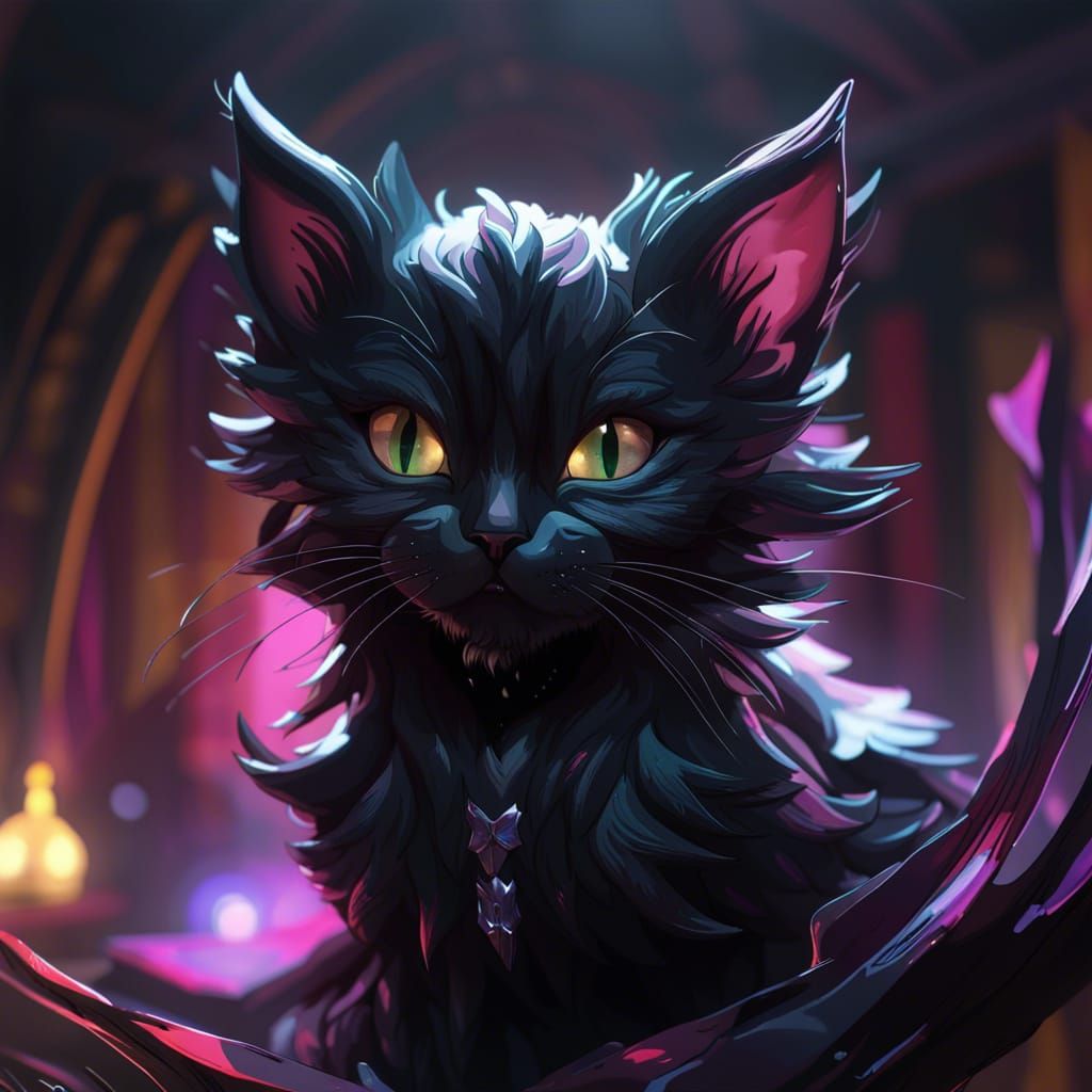 Gothic Black Kitten Portrait in Hyperdetailed Style
