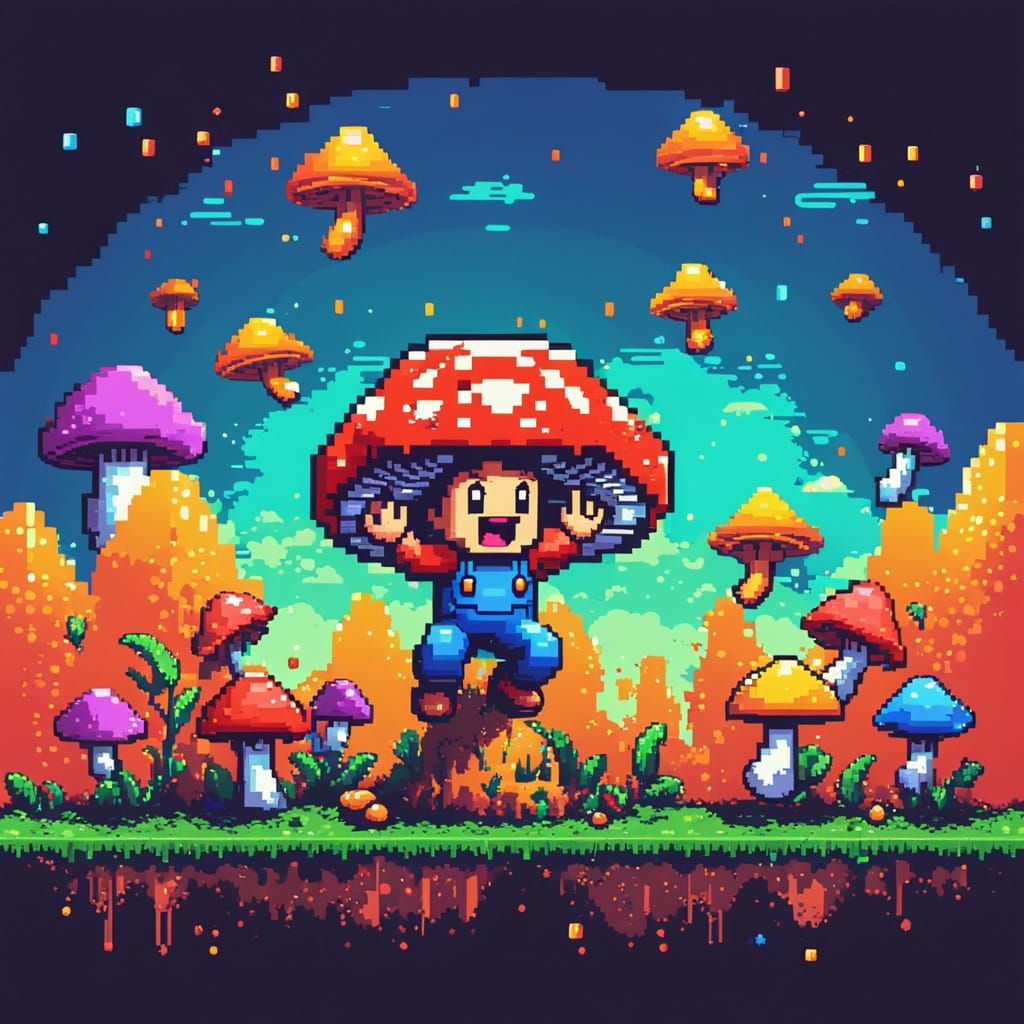 Retro Pixel Art Nostalgia: Cartoon Character Jumps on Mushro...