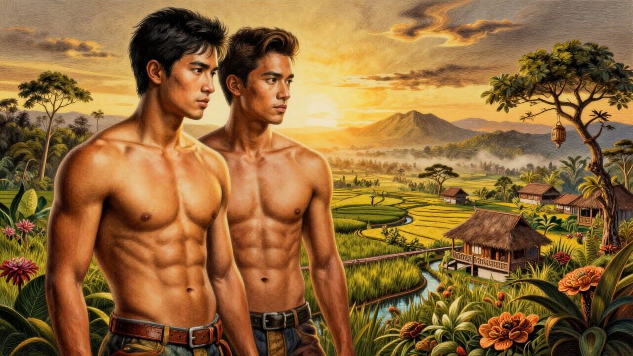 Gay Couple in Indonesian Countryside at Golden Hour