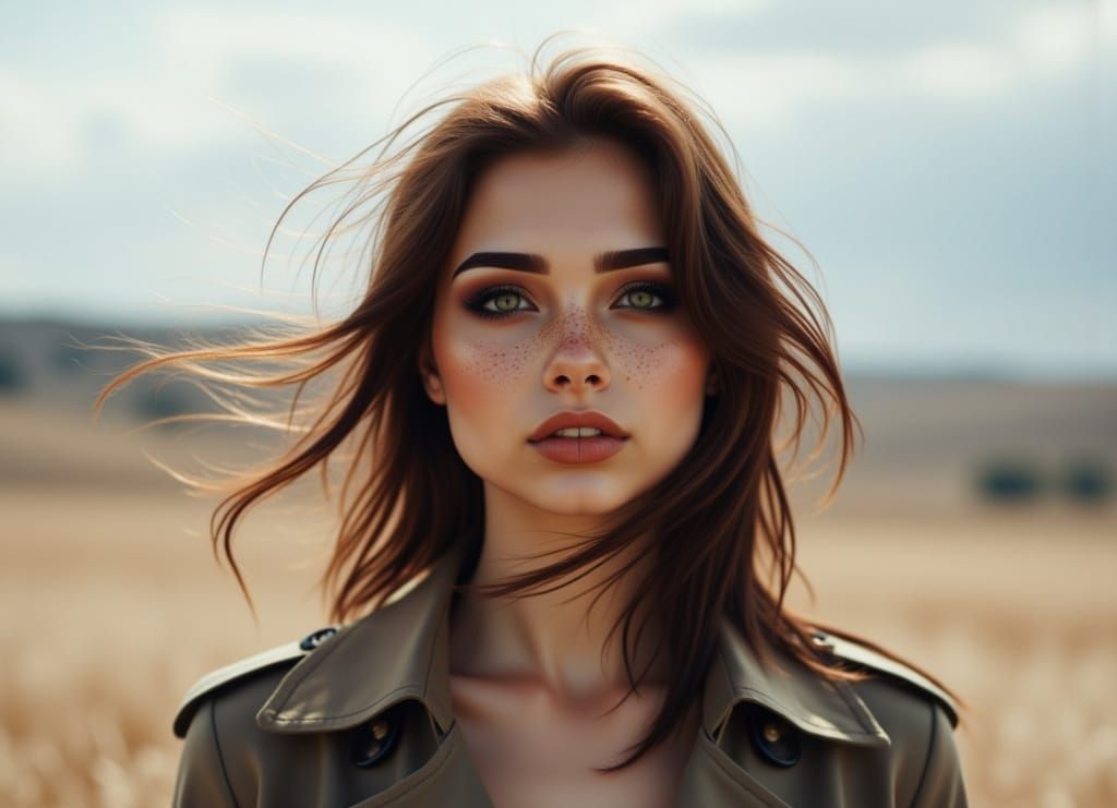 Woman in Trench Coat Blown by Wind