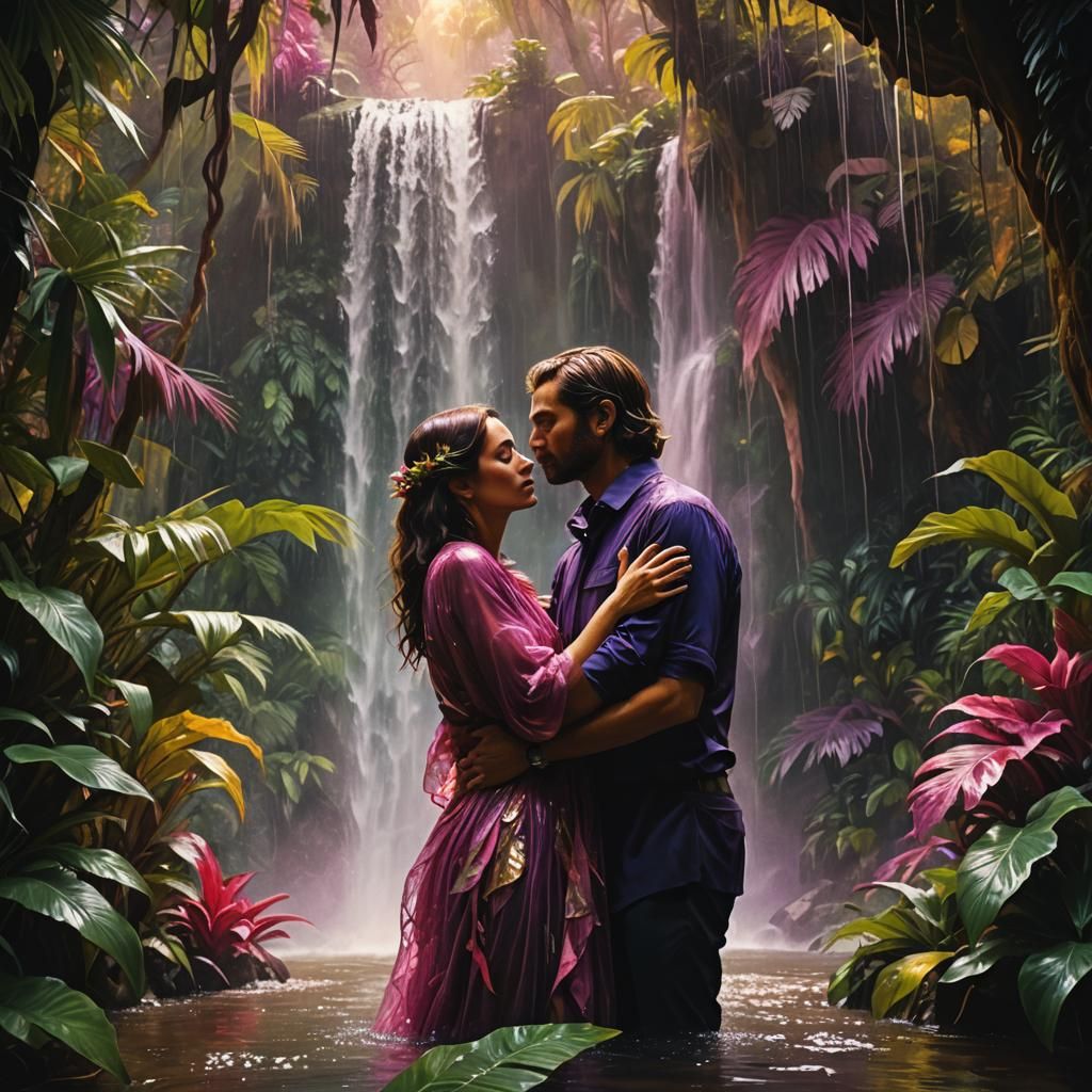 Expressionist Waterfall Embrace in Surreal Style