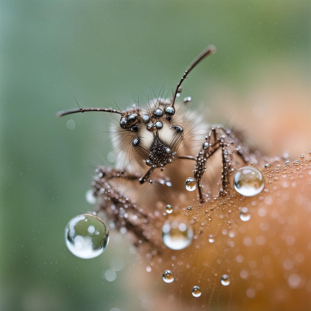 Fuzzy Ladybug Adorned with Water Droplets