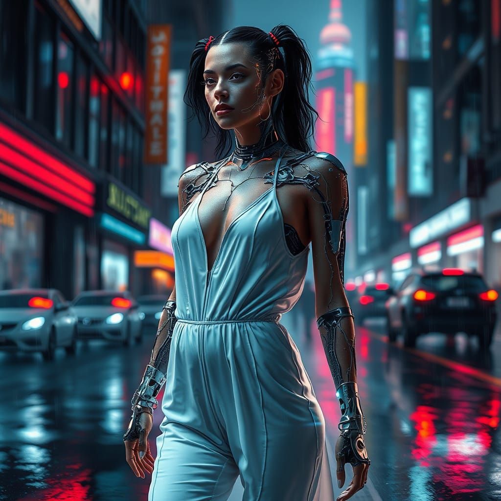 Futuristic Cyborg Fashion in a Neon Cityscape