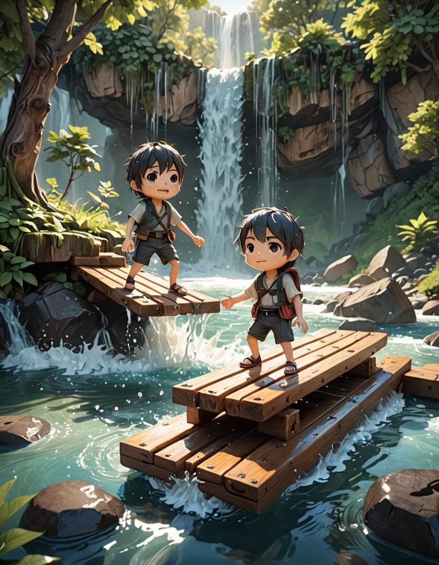 Chibi Boys' River Adventure in Vibrant Realism