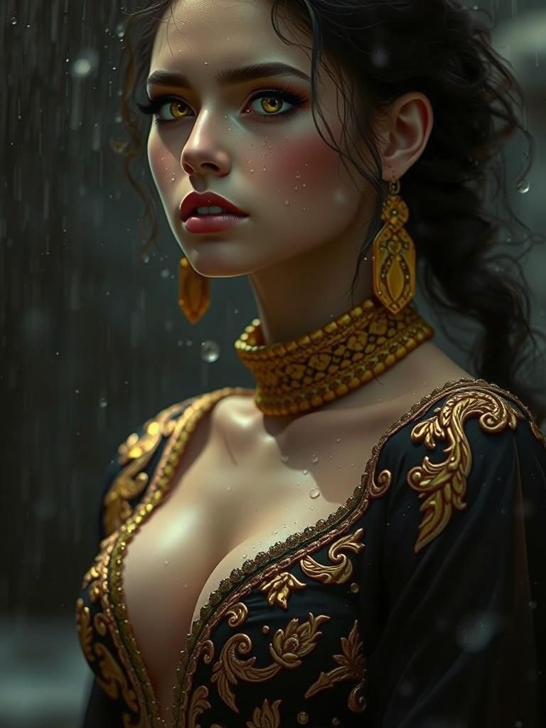 Woman with Amber Eyes in Light Rain