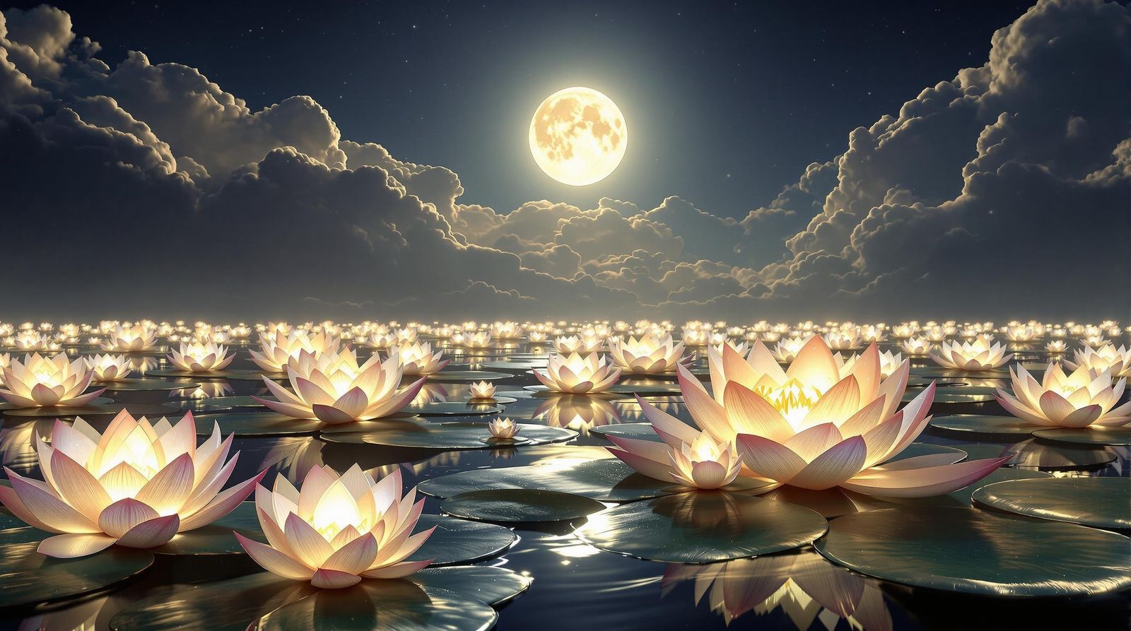 Enchanted Lotus Blooms on a Moonlit Lake