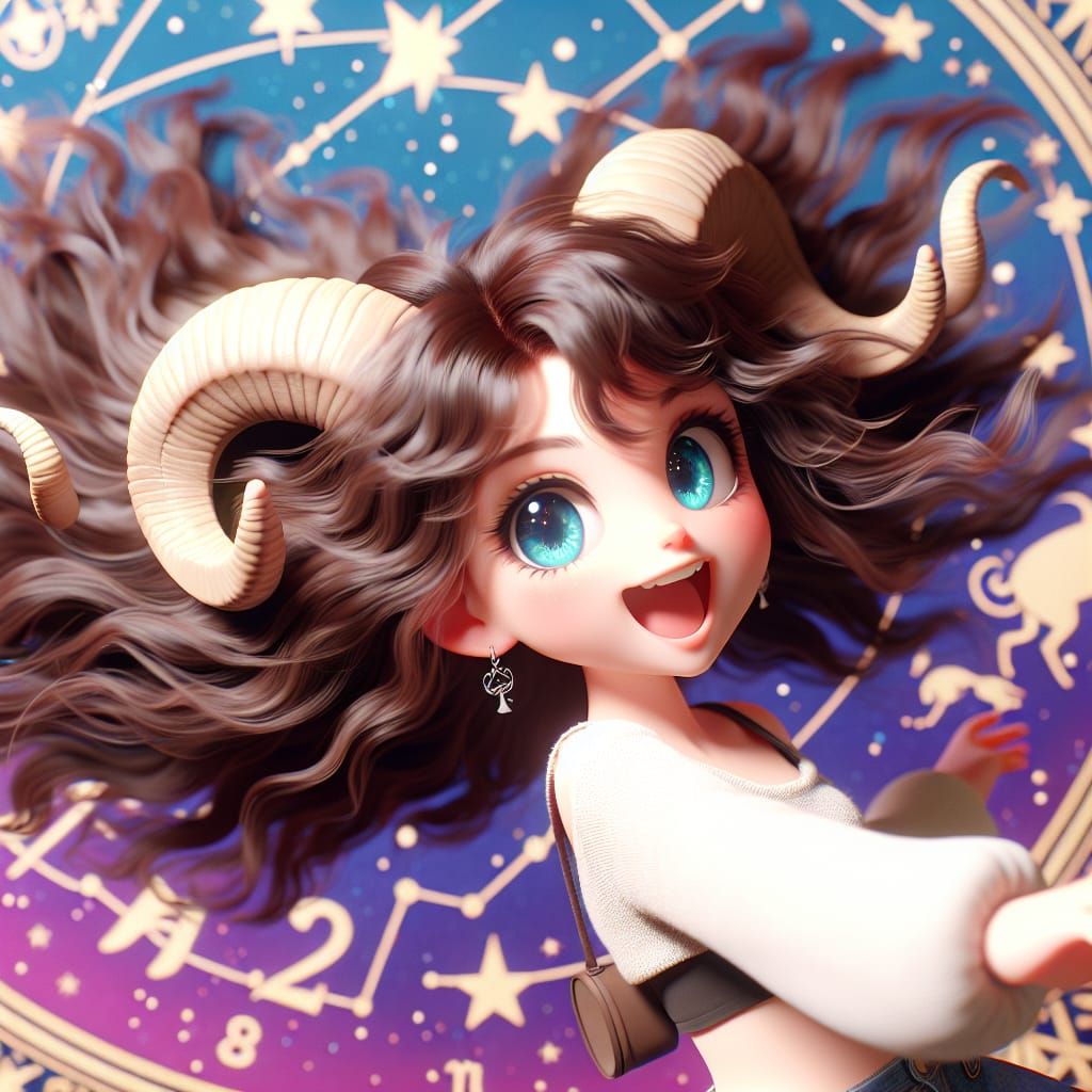 Disney Pixar style 3D girl as an Aries, featuring ram horns and a starry background. She should have an adventurous and ...