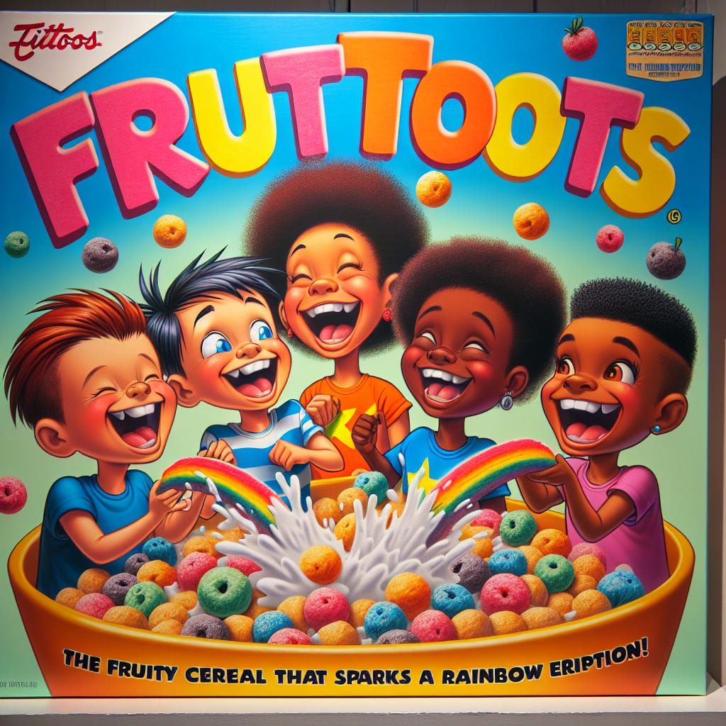 Cartoon Cereal Box Featuring Children and Colorful Gas