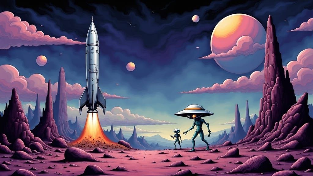 Ethereal Lunar Landscape with Rocket and Alien