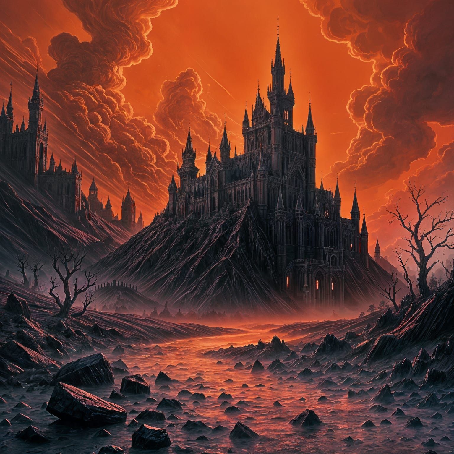 Gothic Obsidian Castle in Crimson Twilight
